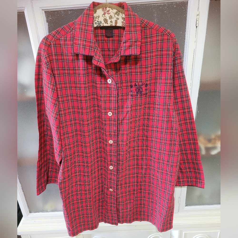 Ralph Lauren Red Tartan Plaid Women Pajama Lounge Shirt